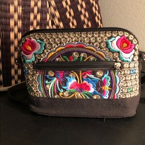 Embroidered Floral Crossbody Bag - Black and Multicolor